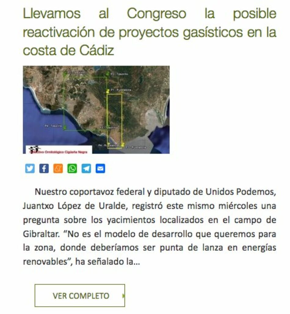 EQUO lleva al Congreso la posible reactivación de proyectos gasísticos en la costa de Cádiz