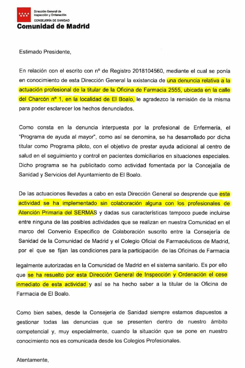 Obligan a la Farmacia de El Boalo a dejar de prestar atención a pacientes domiciliarios