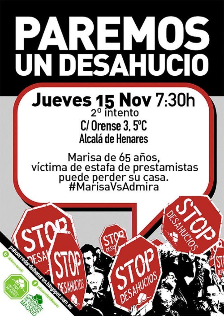 Este jueves en Alcalá la PAH intentará parar por segunda vez el desahucio de Marisa