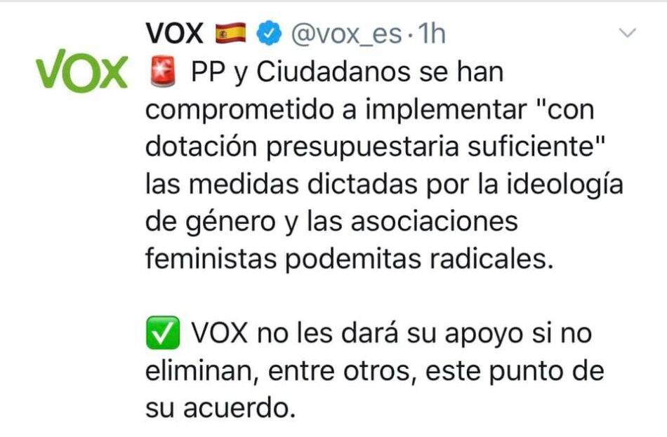 Vox asegura que «no apoyará a PP y Ciudadanos en Andalucía si no eliminan, entre otras medidas, el apoyo presupuestario para luchar contra la violencia de género»