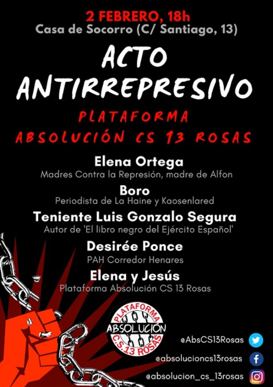 La Plataforma Absolución Centro Social 13 Rosas celebra este sábado un acto antirrepresivo para volver a exigir la absolución de Elena y Jesús