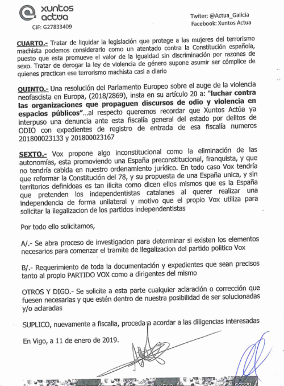 Xuntos Actúa solicita a la Fiscalía del Estado la ilegalización de Vox
