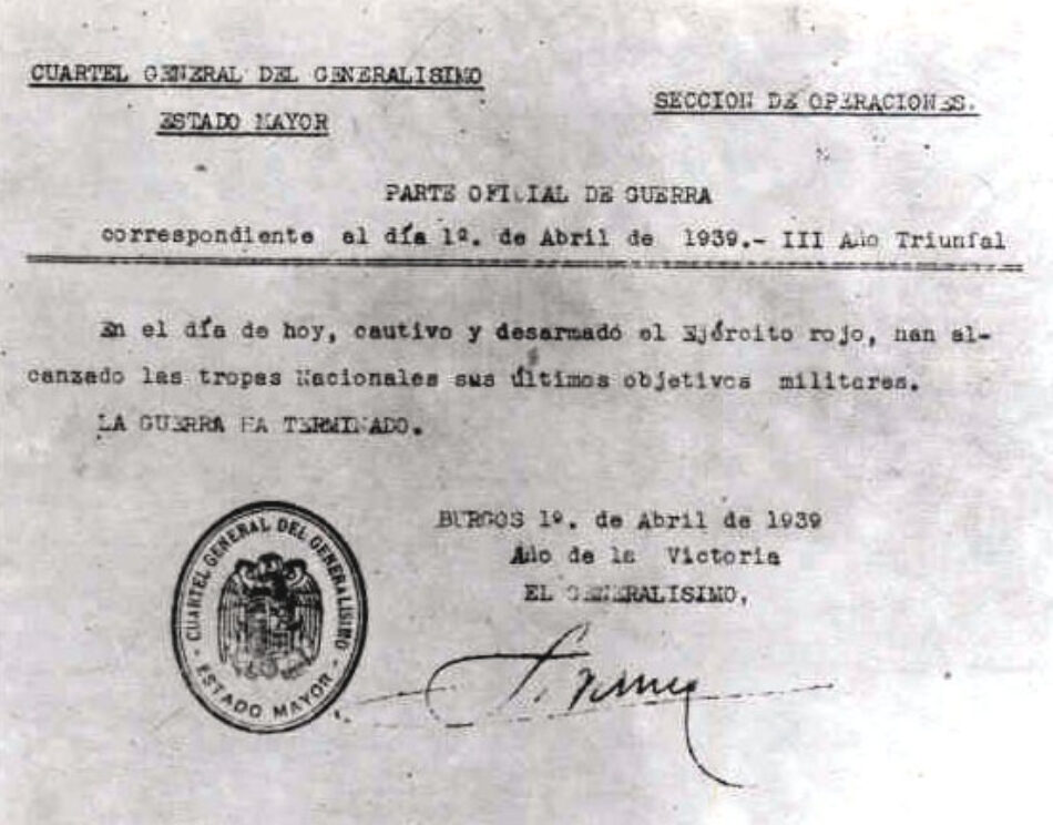 El 1 de Abril se cumplen 80 años del final de la guerra civil: la ARMH pide al Gobierno una condena institucional al golpe de Estado