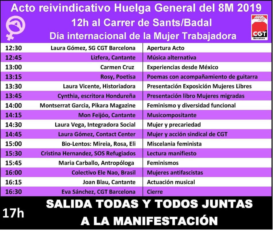 Actos y convocatorias de la CGT de Barcelona para la Huelga General de 24 horas del 8 de marzo
