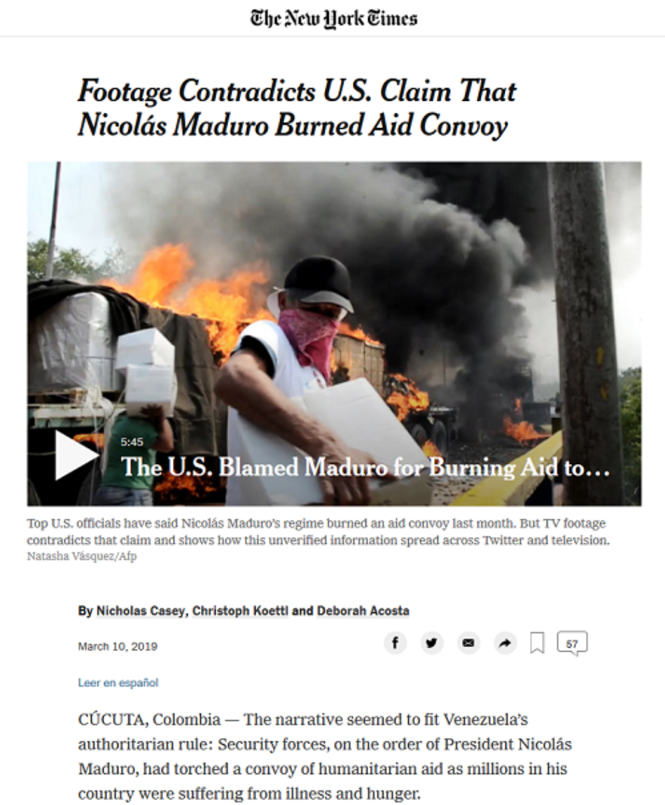 The New York Times demuestra que el camión de “ayuda humanitaria” lo incendiaron manifestantes pro-Guaidó desde el lado colombiano del puente