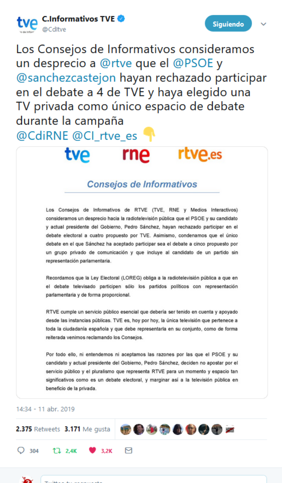 El Consejo de Informativos denuncia que Sánchez no acuda al debate electoral a 4 de TVE y acepte ir al de Antena3