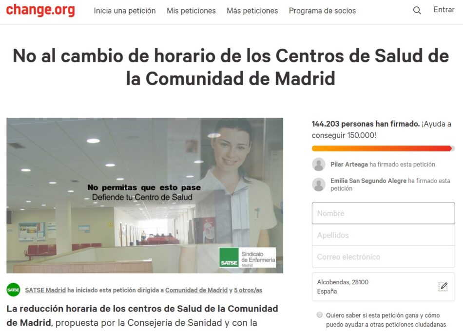 SATSE Madrid reactiva su recogida de firmas ante el anuncio del Gobierno regional de mantener la reducción horaria en centros de salud de la Comunidad de Madrid