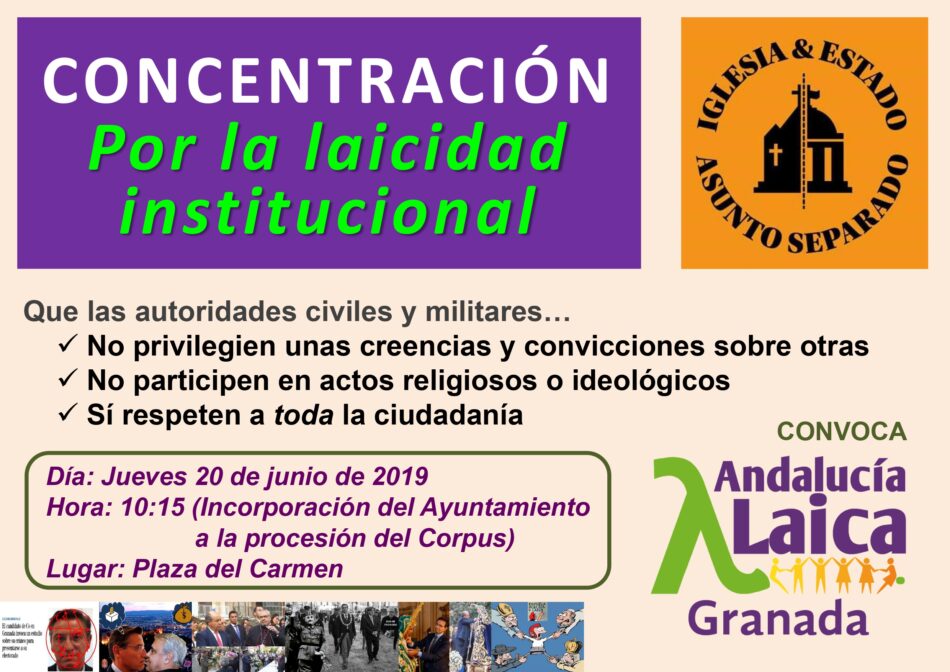 Granada Laica rechazará con carocas la participación del Ayuntamiento y de diversas autoridades en la procesión del Corpus