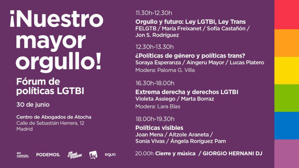 Unidas Podemos organiza el Fórum de políticas LGTBI ‘Nuestro mayor orgullo’