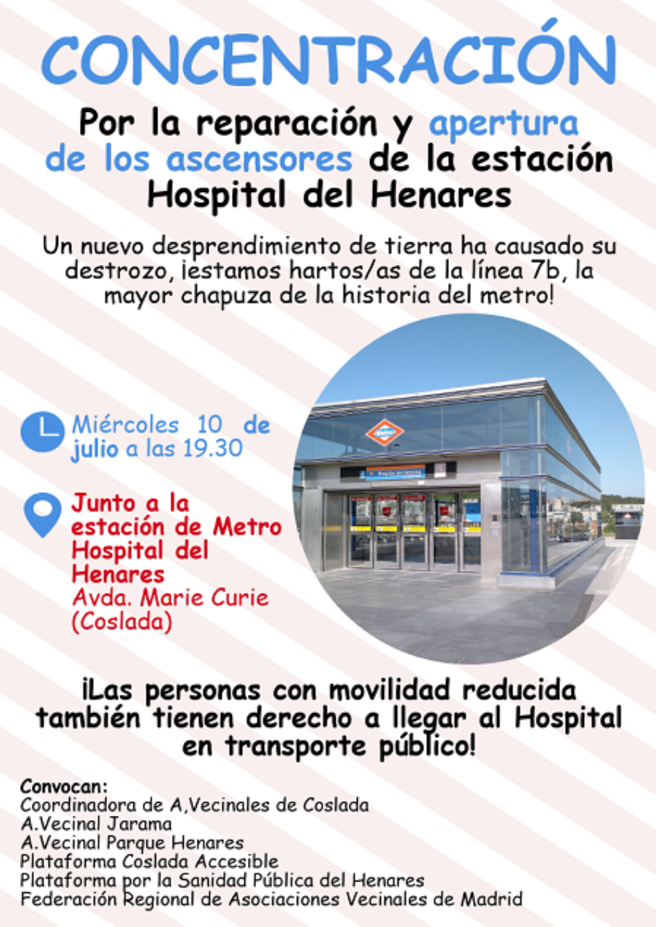 Concentración vecinal para reclamar la reapertura de los ascensores de la estación de Metro Hospital del Henares