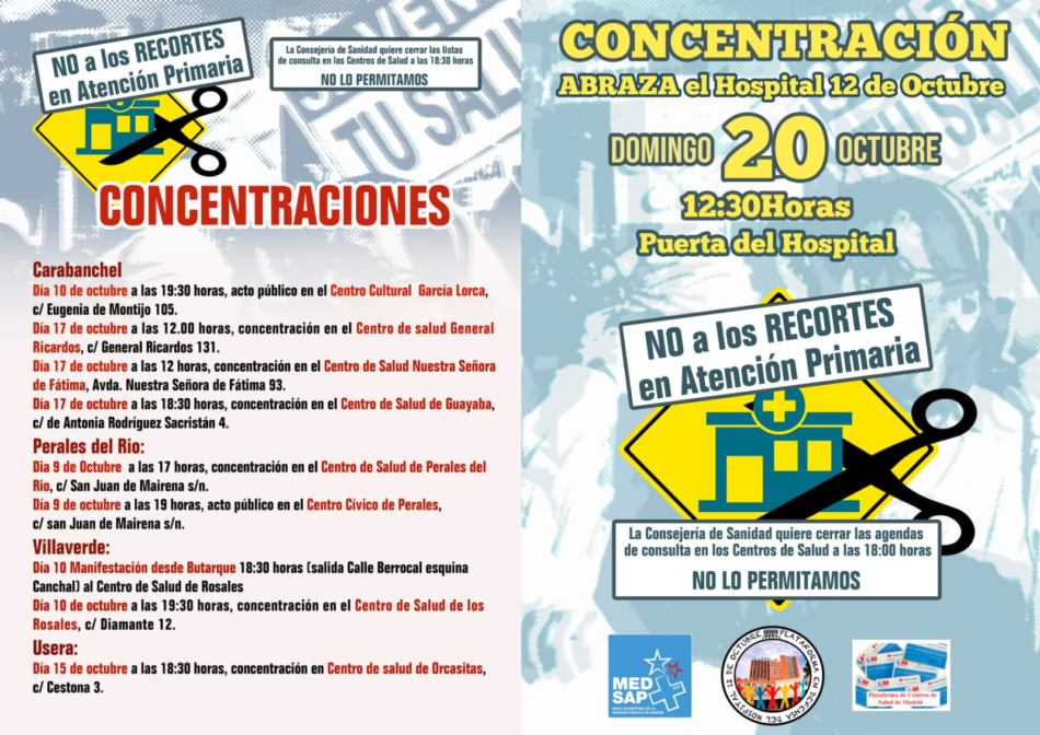 Carabanchel, Usera y Villaverde se mueven en defensa de la Atención Primaria y el Hospital 12 de Octubre