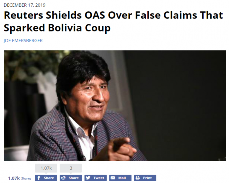 Joe Emersberger: «pregunté a periodistas Reuters por qué ignoraron la crítica del CEPR al informe de la OEA en Bolivia. Ninguno respondió»