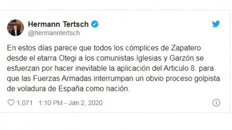 IU y Podemos se querellan contra Hermann Tertsch por “provocación para la rebelión armada” tras sus arengas al Ejército en Twitter