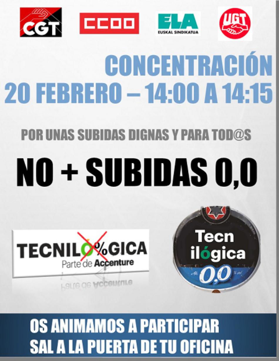 Las secciones sindicales y comités de empresa de Tecnilógica/Accenture convocan nuevas concentraciones el 20 de febrero