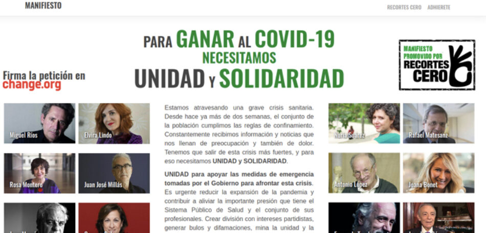 Recortes Cero lanza el «Manifiesto de Unidad y Solidaridad para vencer al Covid-19»