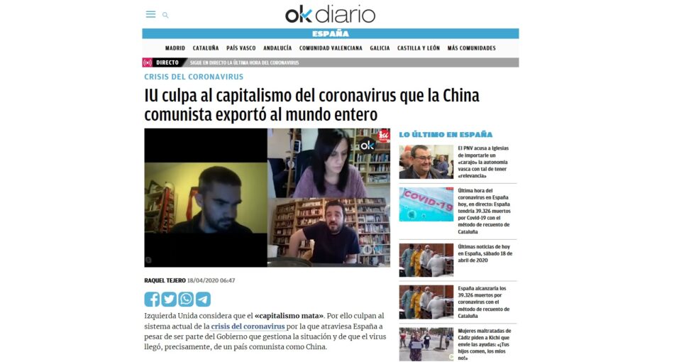 Ok Diario acusa a China de «exportar el virus al mundo entero»