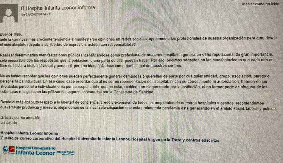 CCOO exige a los responsables del Infanta Leonor que retiren o rectifiquen el mensaje de “amenaza velada” remitido a la plantilla