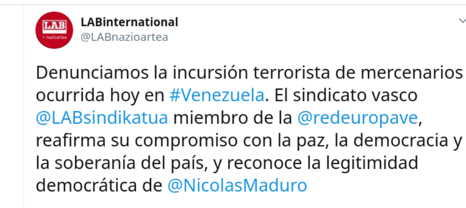 Sindicato vasco LAB denuncia la incursión terrorista de mercenarios en Venezuela