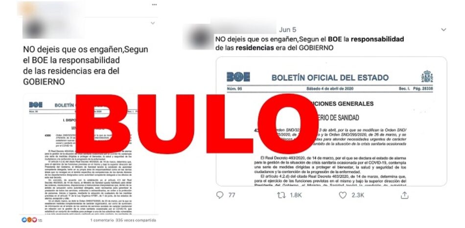 No, el BOE no dice que la responsabilidad de las residencias durante el estado de alarma es del Gobierno: sigue siendo de las CCAA