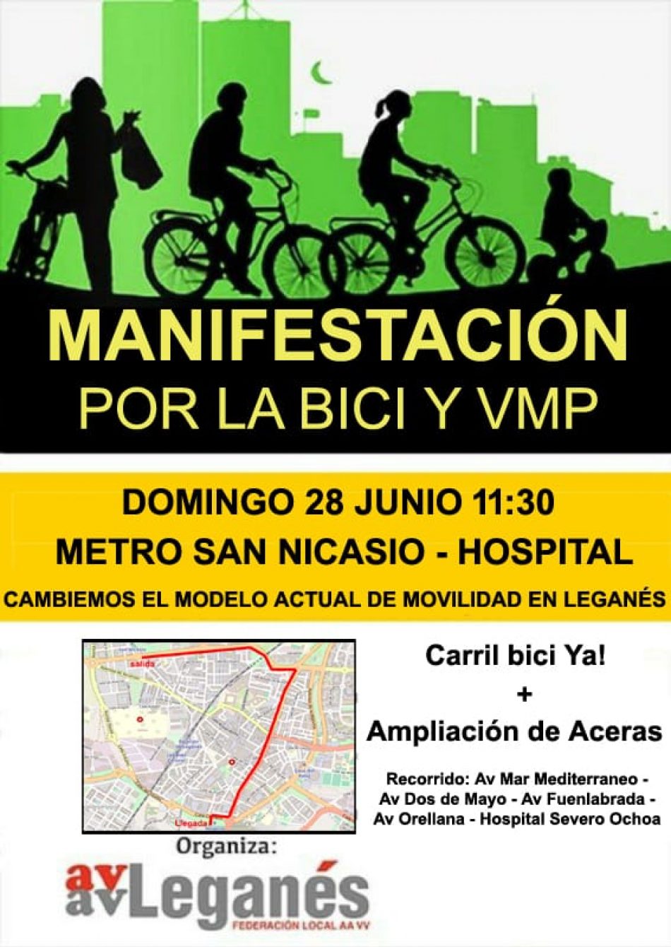 Domingo 28-J: Marcha en Leganés para reclamar carriles bici y aceras más anchas