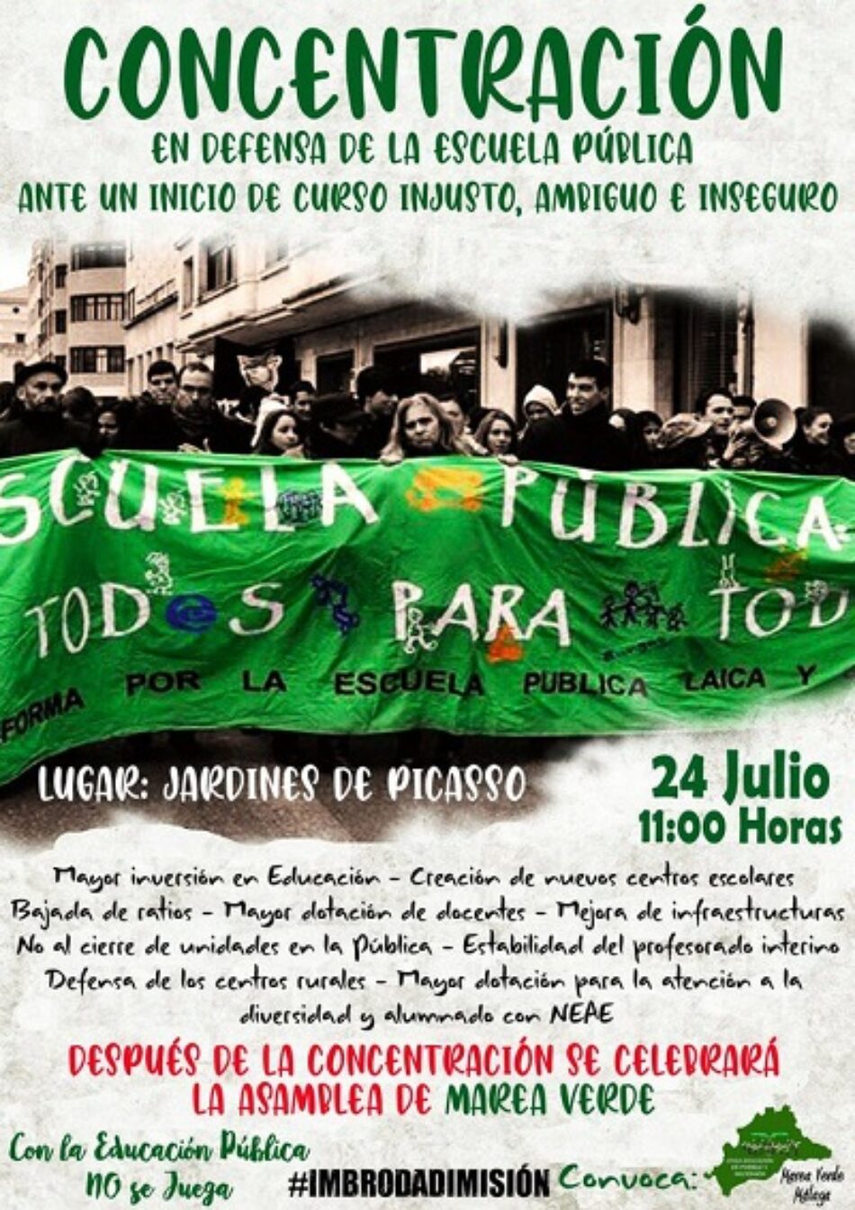 Concentración y asamblea de la Marea Verde el 24 de julio en los Jardines de Picasso de Málaga, en defensa de la escuela pública y de una vuelta al aula de forma segura y responsable