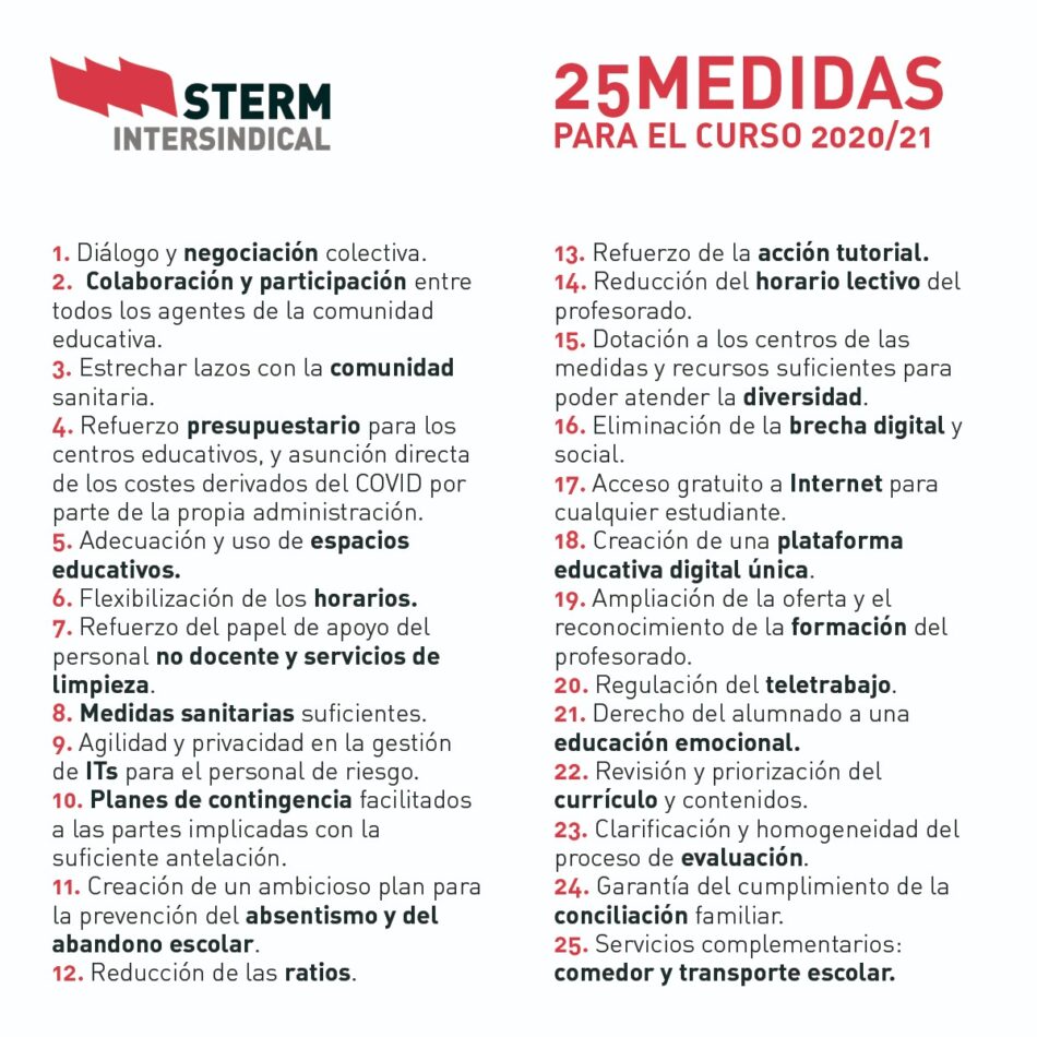 STERM presenta 25 medidas para iniciar el curso 20/21 y exige el inicio de la una negociación real