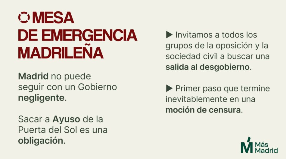 Más Madrid insta a pactar una moción de censura contra Ayuso