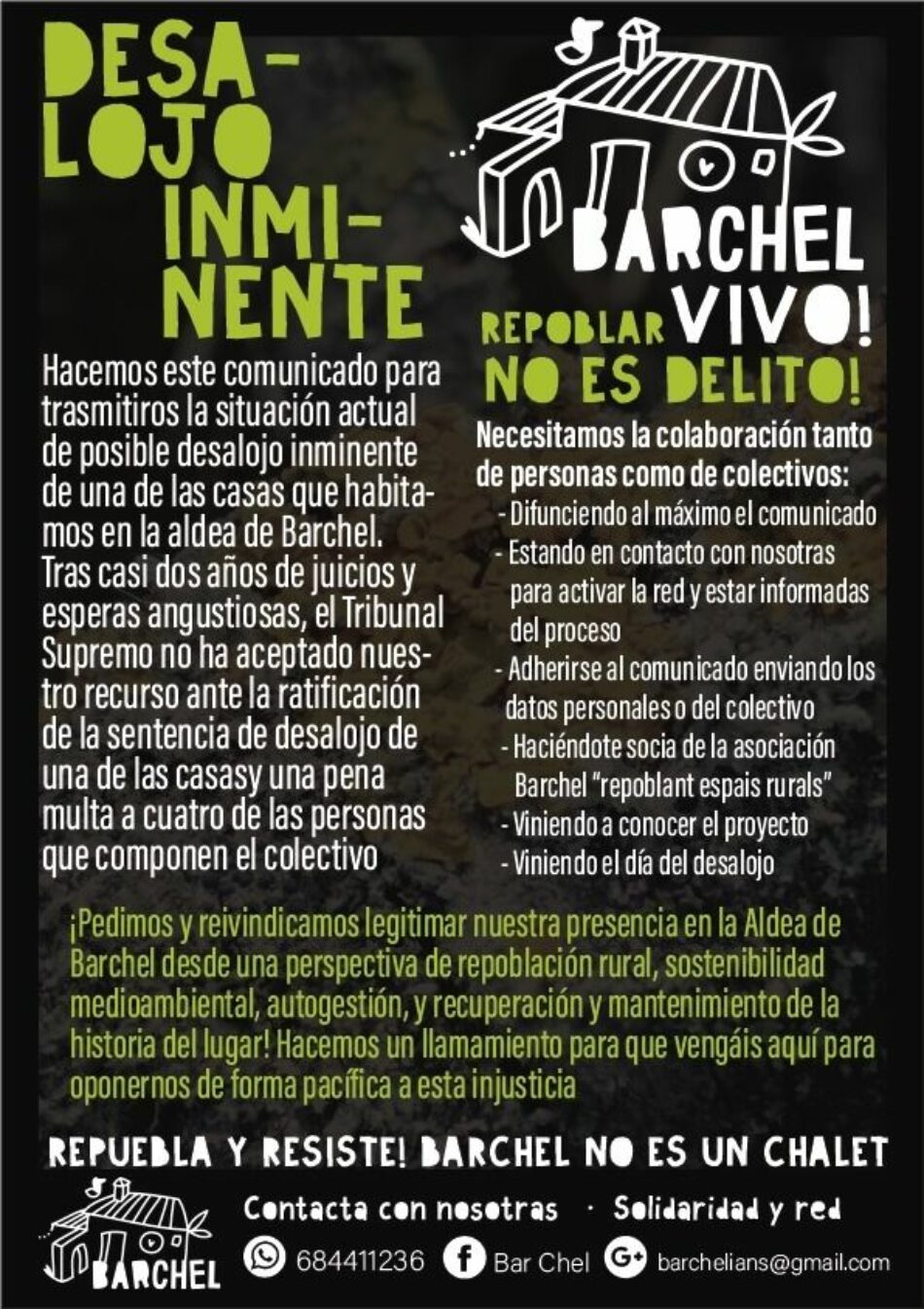 El colectivo de Barchel pide apoyo ante el inminente desalojo de una de las casas de esta aldea repoblada