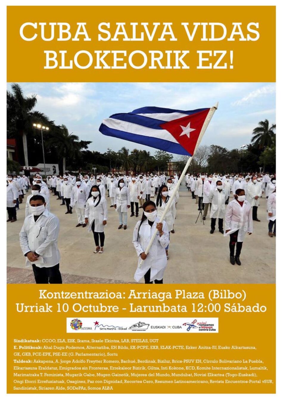 Concentración contra el bloqueo a Cuba unirá a emigración cubana, sindicatos, partidos y colectivos vascos: Bilbao, 10 de Octubre