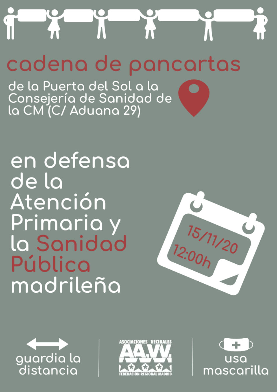 Una cadena de pancartas por la sanidad pública tratará de unir el Gobierno regional de Madrid con la Consejería de Sanidad: 15-N