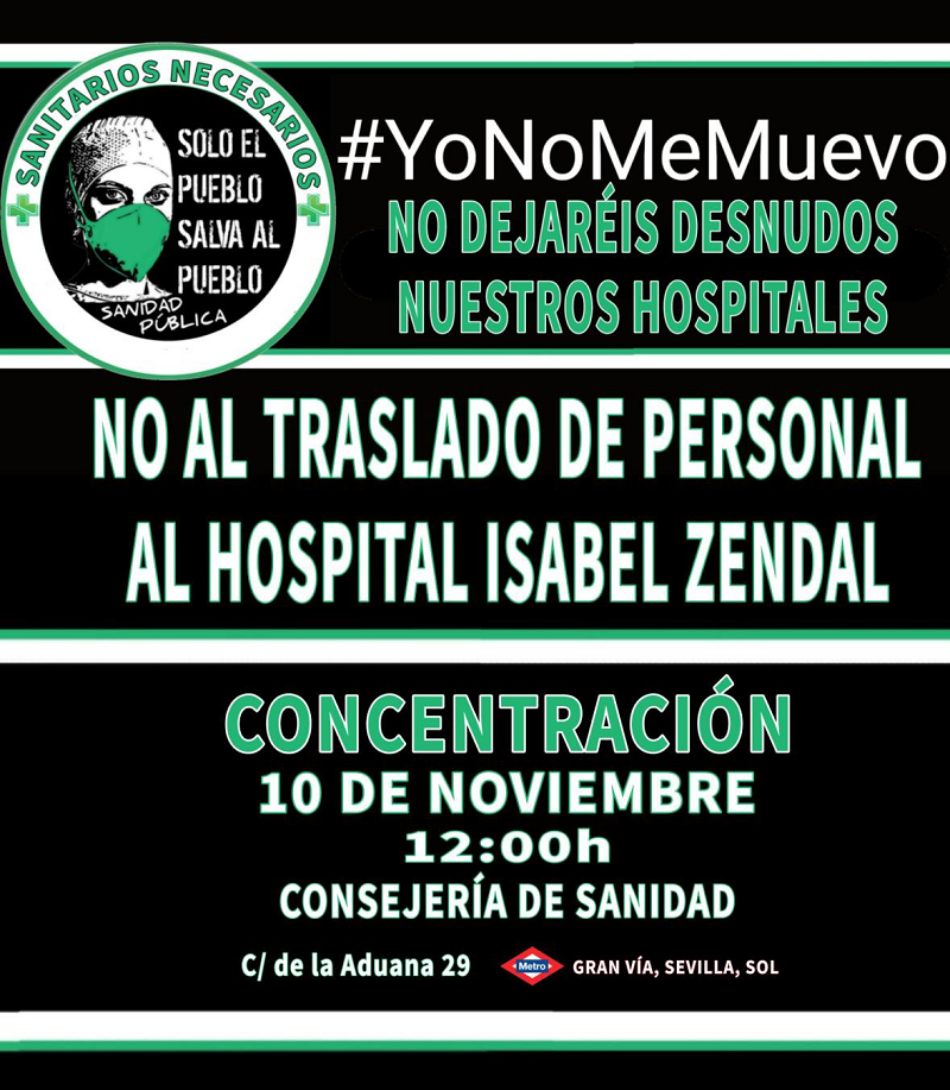 10-N: Concentración en rechazo a la «política destructiva sobre la Sanidad Pública madrileña» y contra el traslado de personal al hospital Isabel Zendal