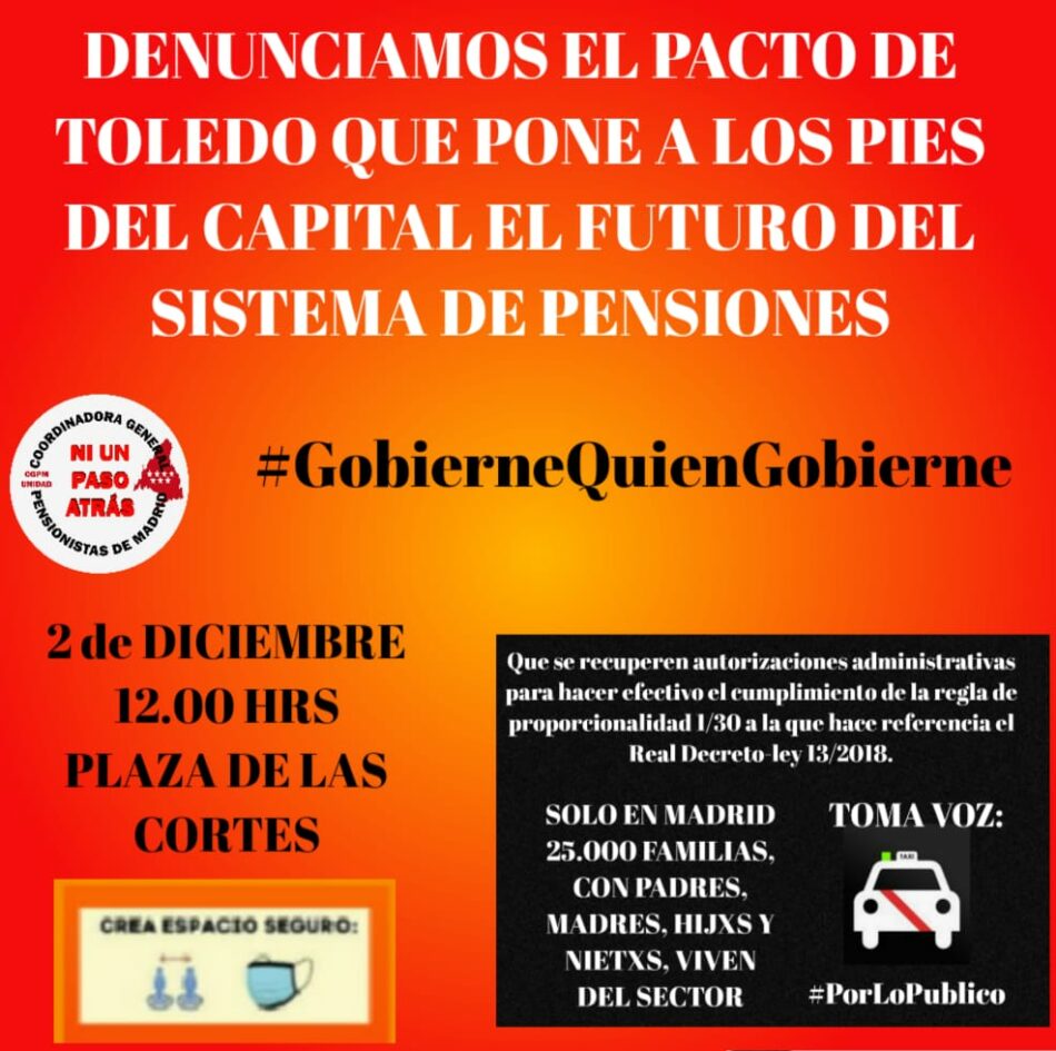 La Coordinadora General de Pensionistas de Madrid convoca concentración ante el Congreso de los diputados el 2 de diciembre