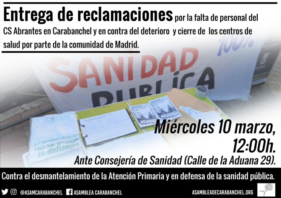 Entregan reclamaciones en defensa de la sanidad pública en la Consejería de Sanidad de la CAM