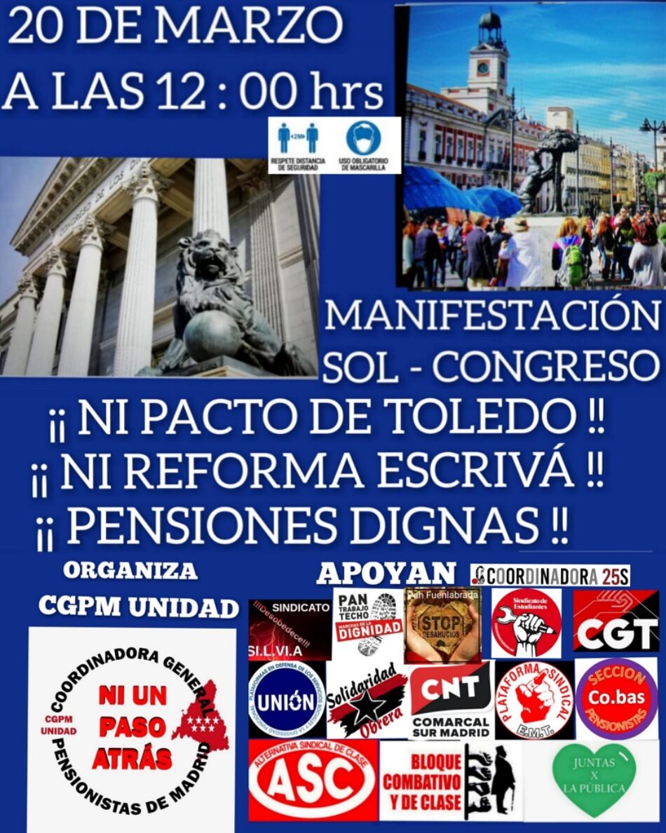 Coordinadora General de Pensionistas de Madrid convoca una manifestación en defensa del Sistema Público de Pensiones el 20 de marzo