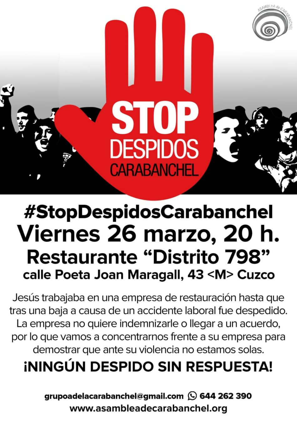 «StopDespidos» convoca protesta frente al restaurante Distrito798, “Restaurante Japonés fusión en Madrid” (Madrid)