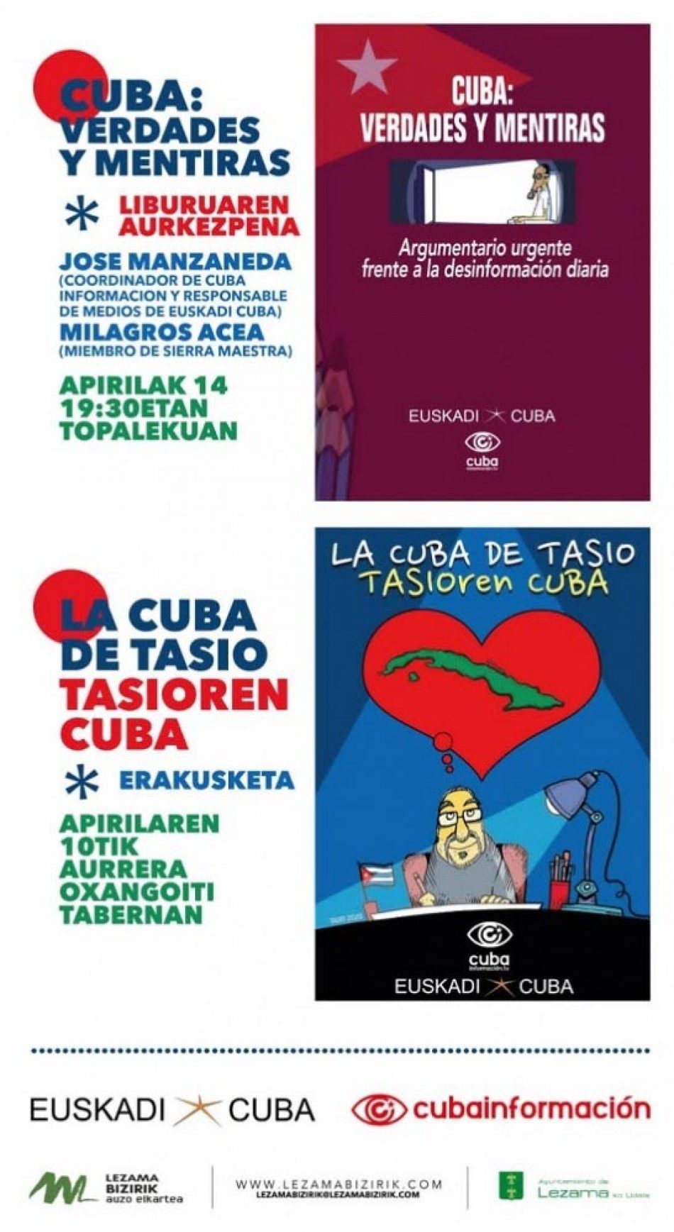 14 de Abril: presentación del libro «Cuba, verdades y mentiras» y exposición «La Cuba de Tasio» en Lezama (Bizkaia)