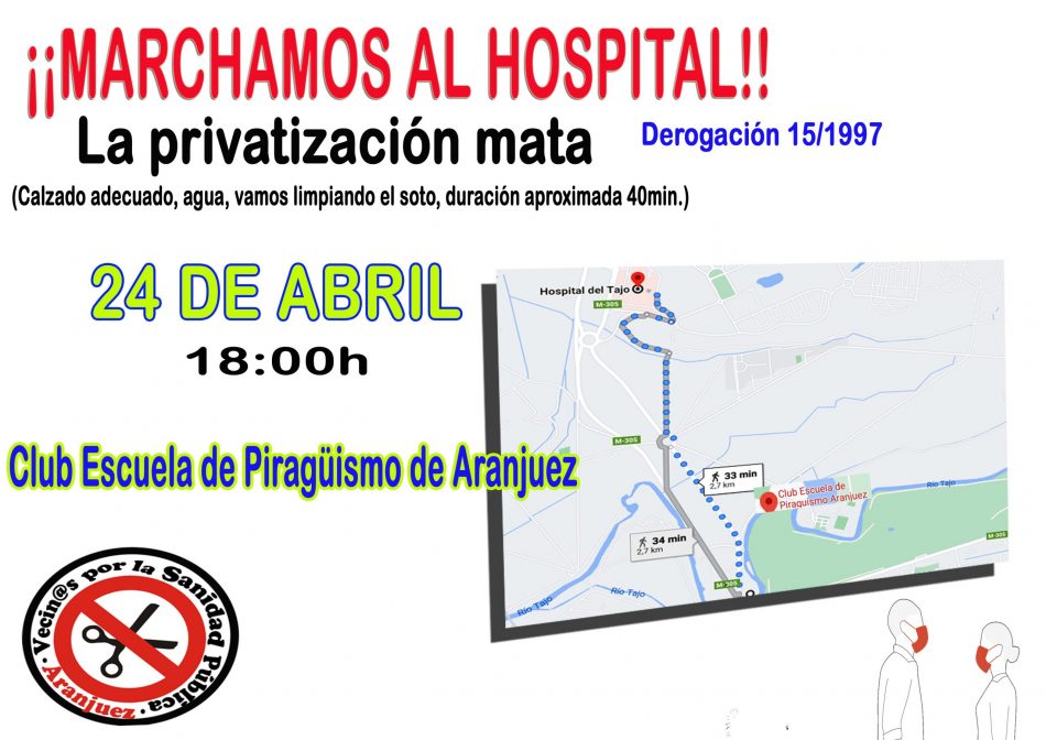 Vecinos de Aranjuez por la Sanidad convocan a marchar el sábado contra la privatización del Hospital del Tajo