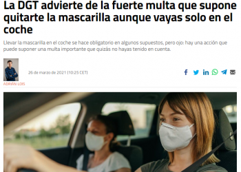 La DGT lamenta la desinformación provocada por falsas noticias referidas a denuncias por el no uso de mascarilla en el coche