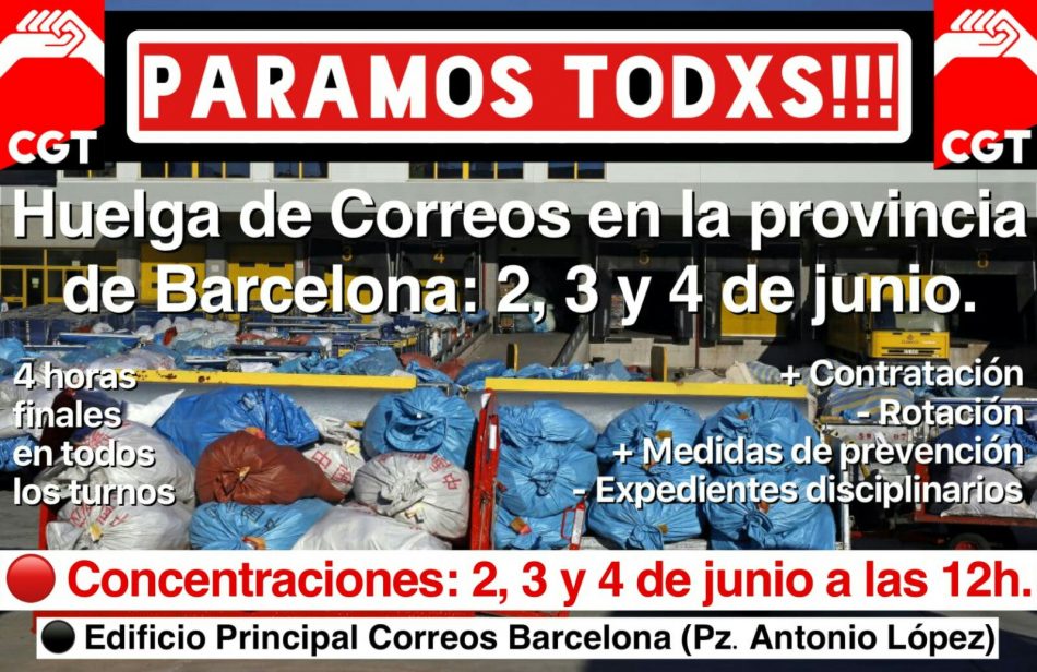 Vaga 2, 3 i 4 de Juny a Correus a tota la província de Barcelona