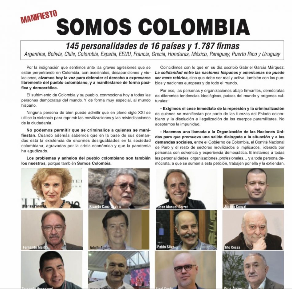 Joan Manuel Serrat, Jorge Valdano, Pérez Esquivel o Noam Chomsky, entre las personalidades que apoyan el manifiesto “Somos Colombia” promovido por Recortes Cero