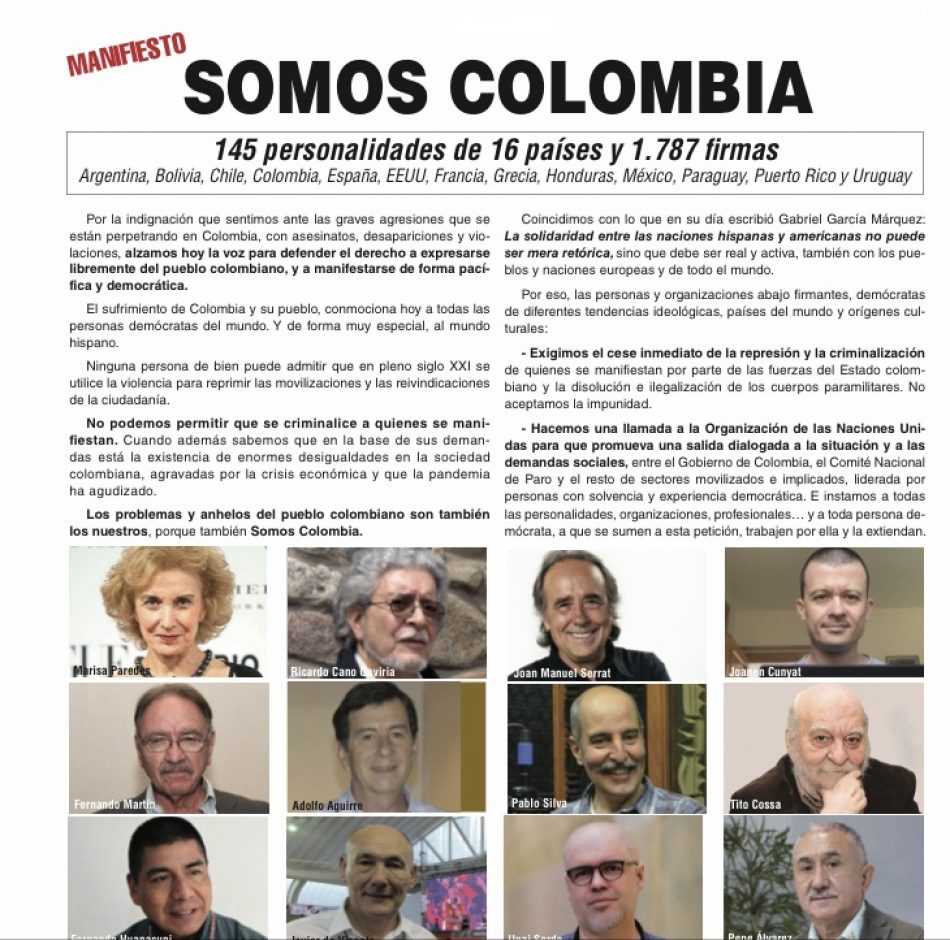 Joan Manuel Serrat, Jorge Valdano, Pérez Esquivel o Noam Chomsky,  entre las personalidades que apoyan el manifiesto “Somos Colombia”  promovido por Recortes Cero