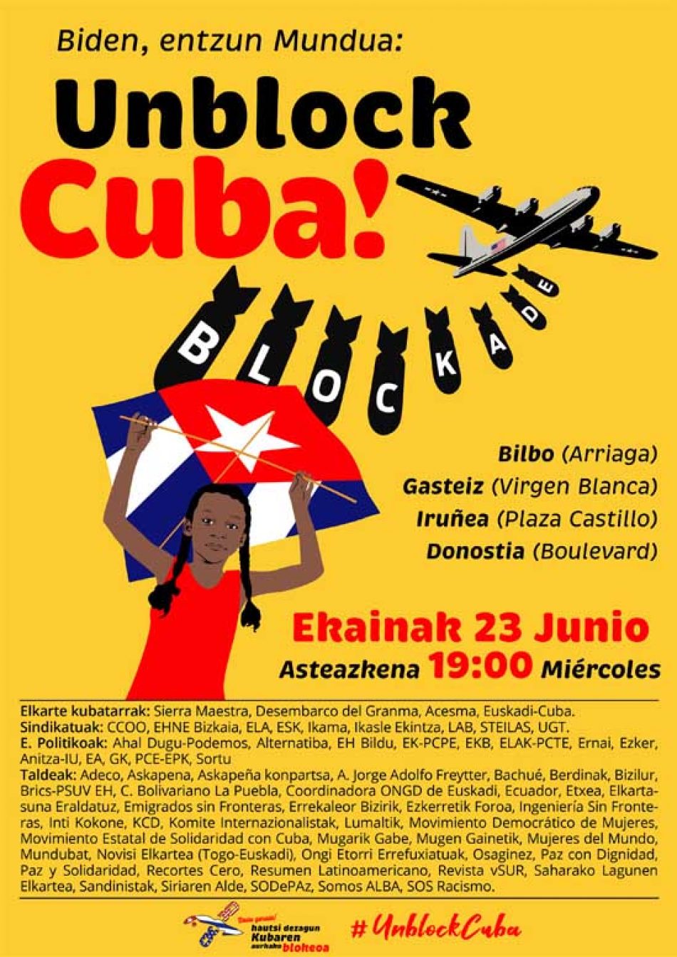 Barco solidario y cuatro concentraciones: «Biden, escucha al mundo: Unblock Cuba!», 30 de Mayo y 23 de Junio