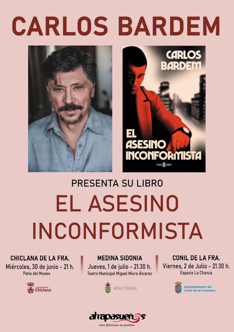 Carlos Bardem presenta su novela «El asesino inconformista» en Chiclana, Medina Sidonia y Conil
