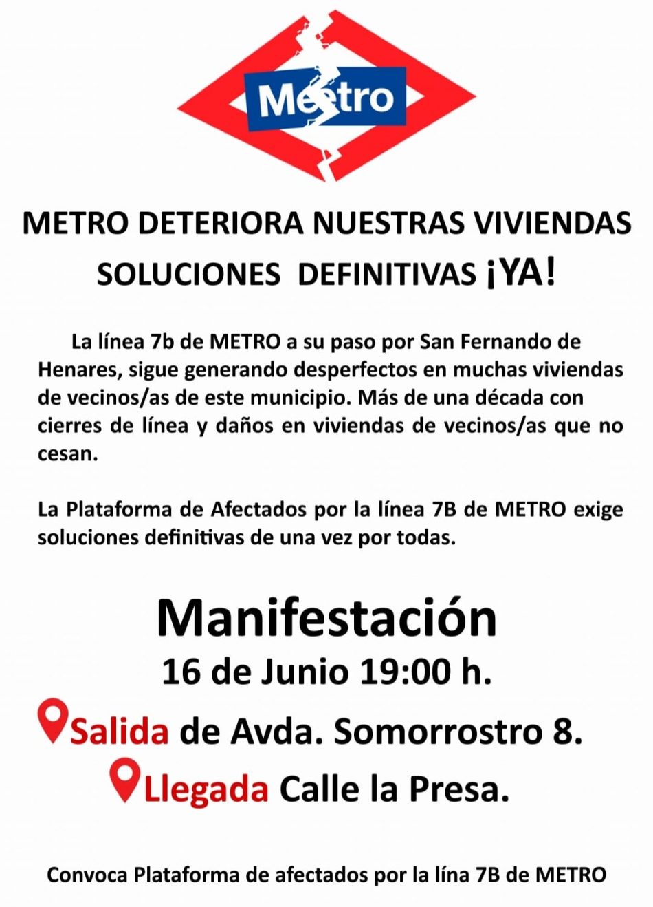 Manifestación en San Fernando de Henares para pedir soluciones definitivas a los daños provocados por la línea 7B de Metro