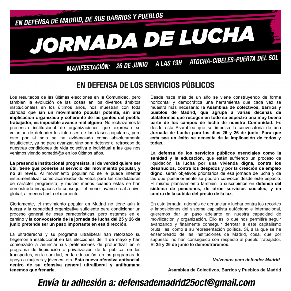 Jornada de lucha en defensa de Madrid, de sus barrios y pueblos: Manifestación el 26 de Junio