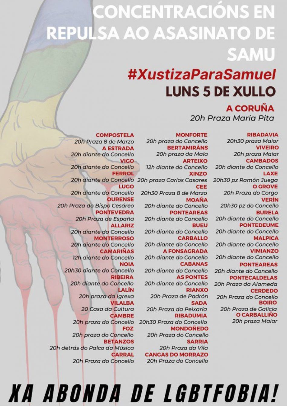 Más de 40 entidades LGTBI andaluzas se suman al dolor de familia y amigos de Samuel, asesinado este sábado en A Coruña