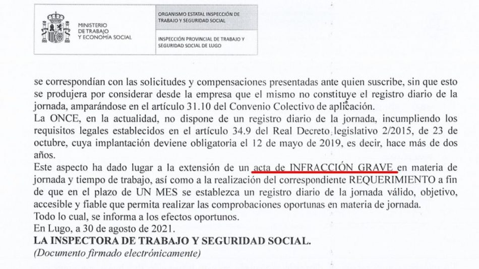 A Inspección de Traballo de Lugo certifica unha «infracción grave» da ONCE en materia de xornada e tempo de traballo