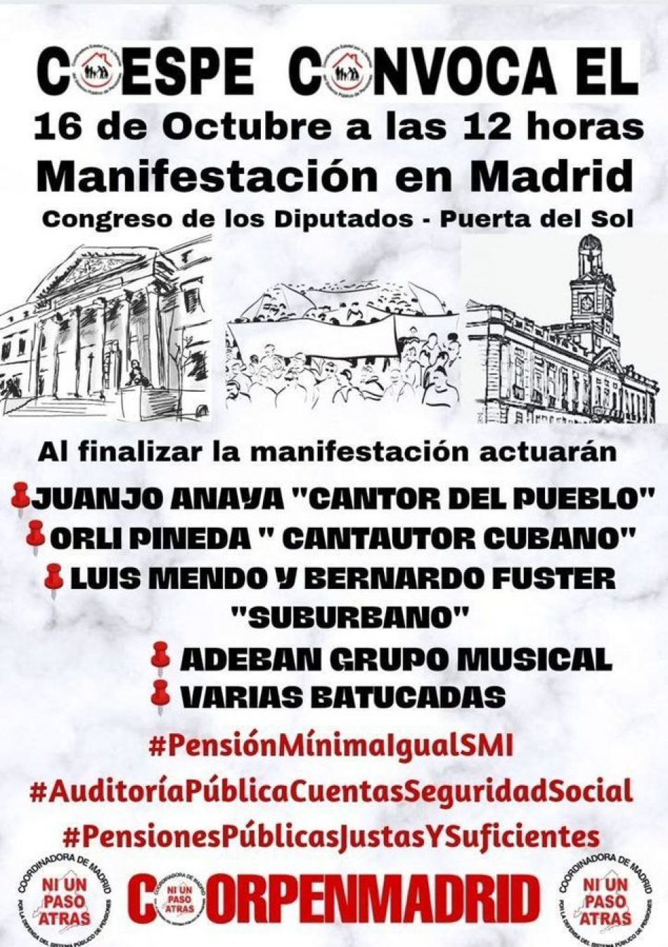 Convocada manifestación el 16 de octubre en Madrid  «Por unas pensiones públicas sin recortes, suficientes y dignas»