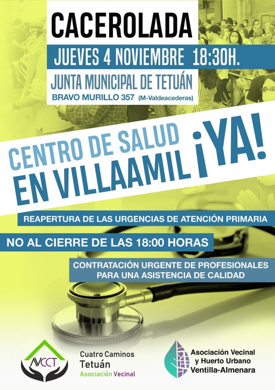 Cacerolada para reclamar la reapertura del Centro de Salud de la calle Villaamil (Tetuán)