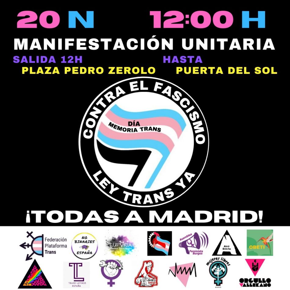 Plataforma Trans junto con organizaciones LGTBI y feministas convocan manifestación a favor de la Ley Trans y contra las agresiones al colectivo